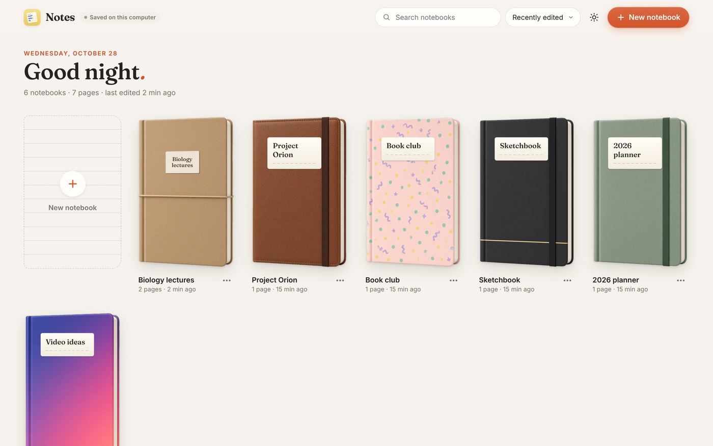 The Notes library: a shelf of notebooks with fabric, leather and patterned covers